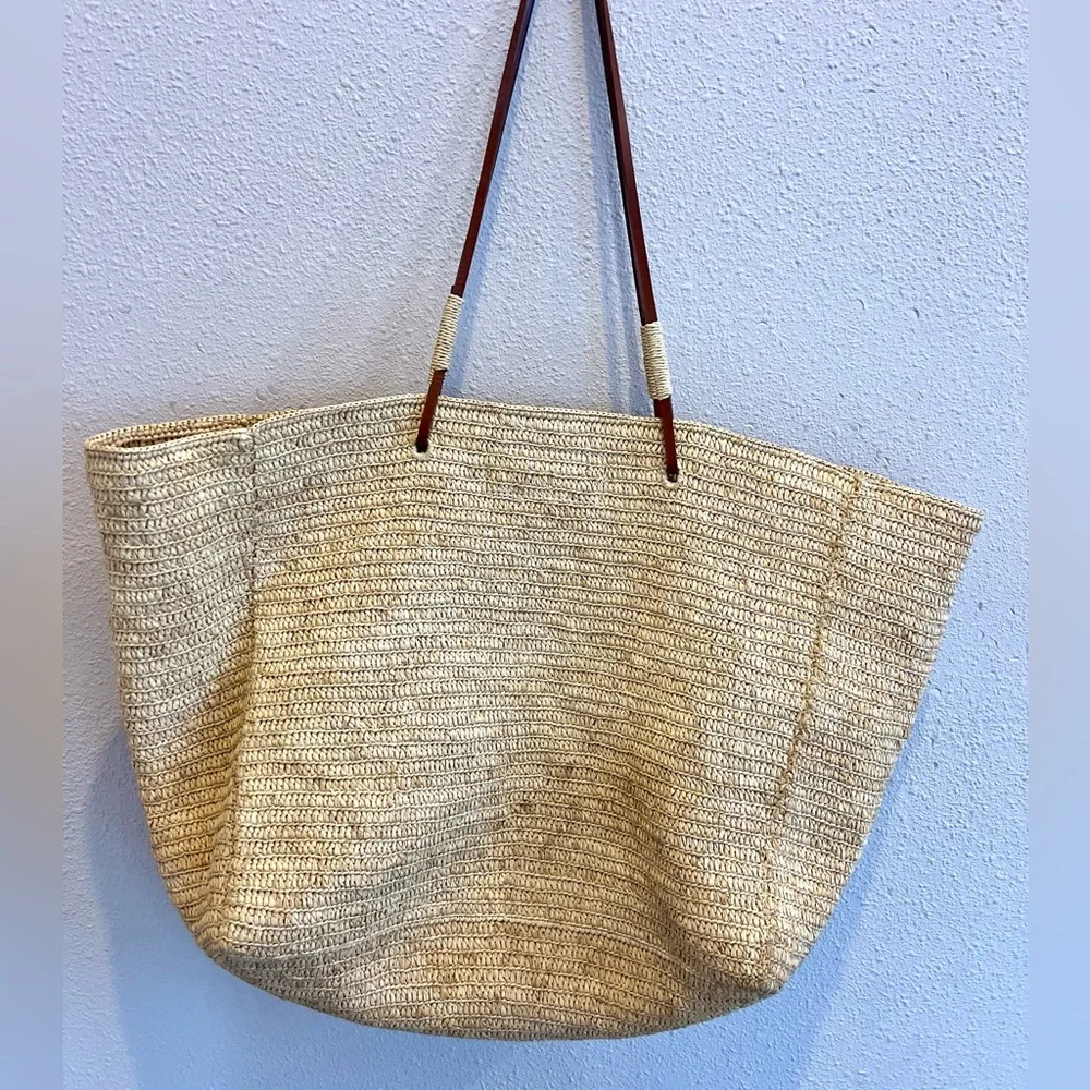 Sezane Paloma Bag Natural Crochet Straw Tote with Brown Leather Handles